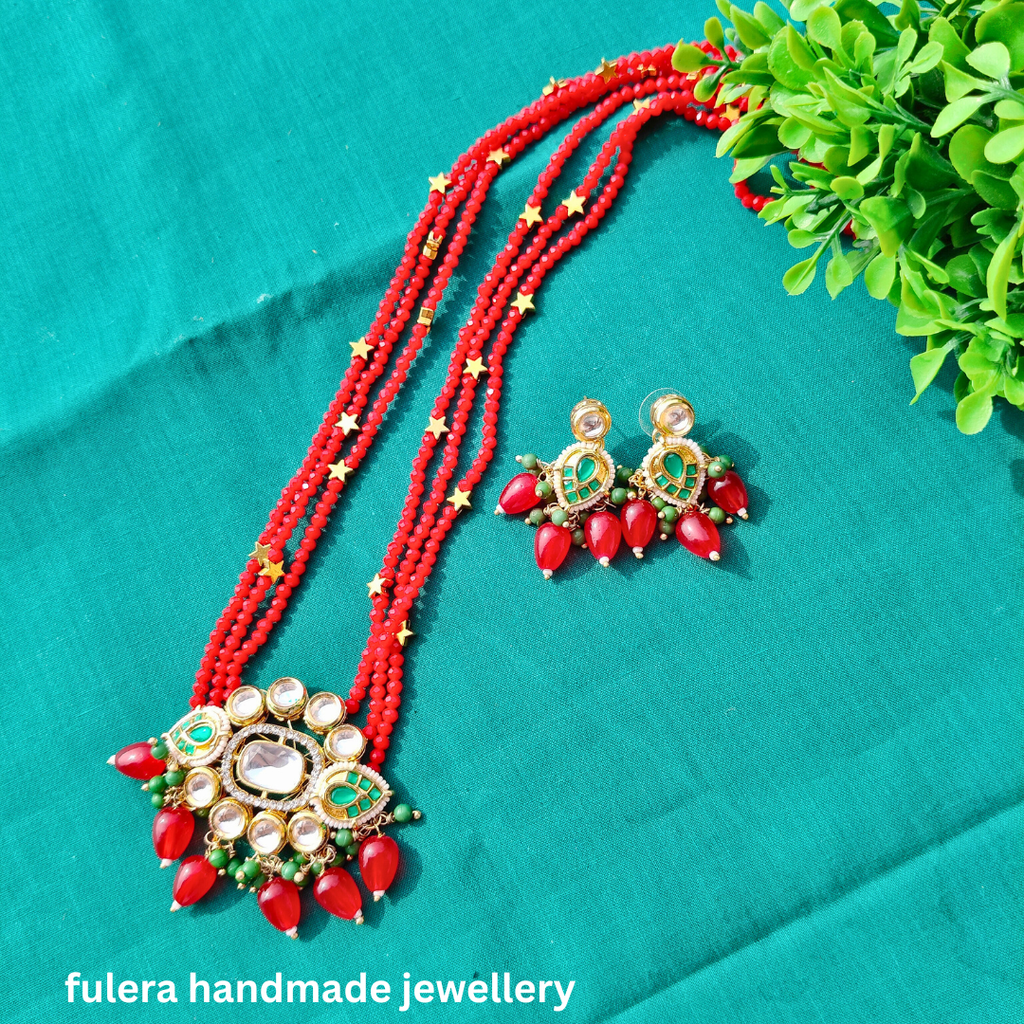 Red Crystal Beads And Kundan Nacklace