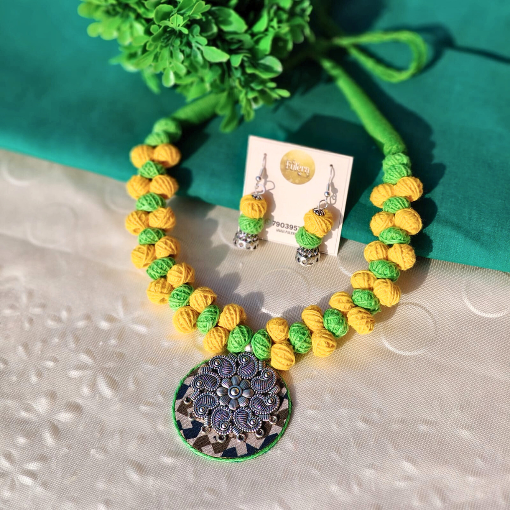 Green And Yellow Cotton Beads Jewellery