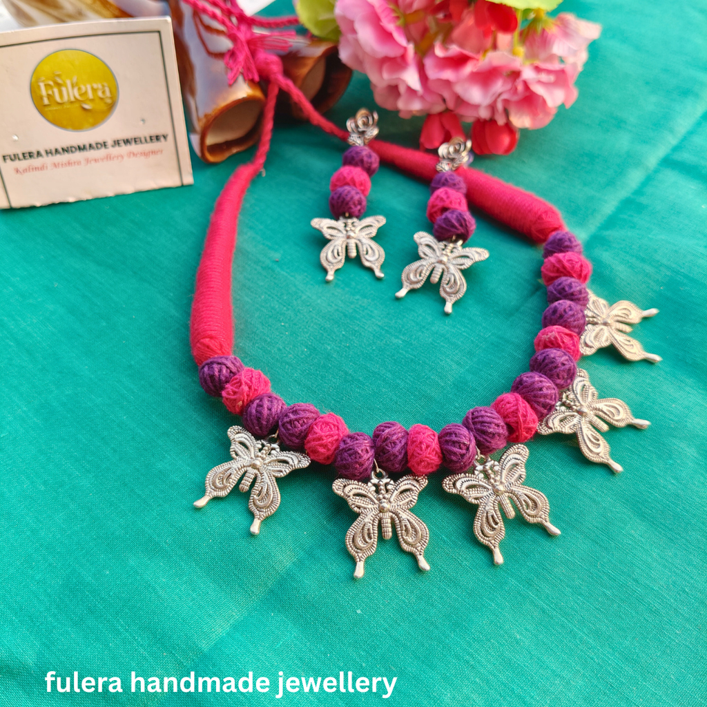 Dark Purple & Silver Charms Cotton Beads Jewellery