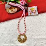 Pink Beads & Round Oxidised Pendant Set