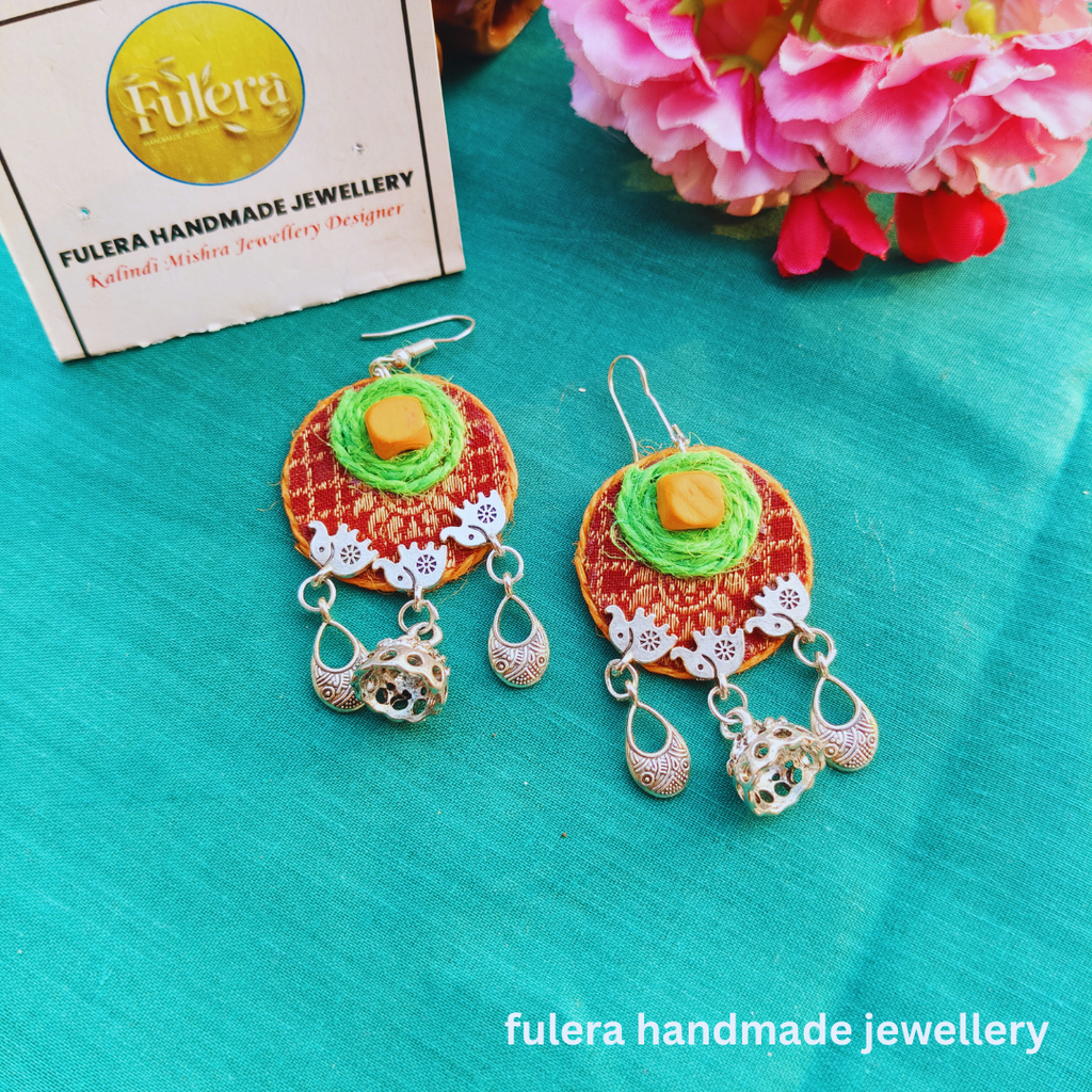 Red Fabric & Silver Charms Earrings