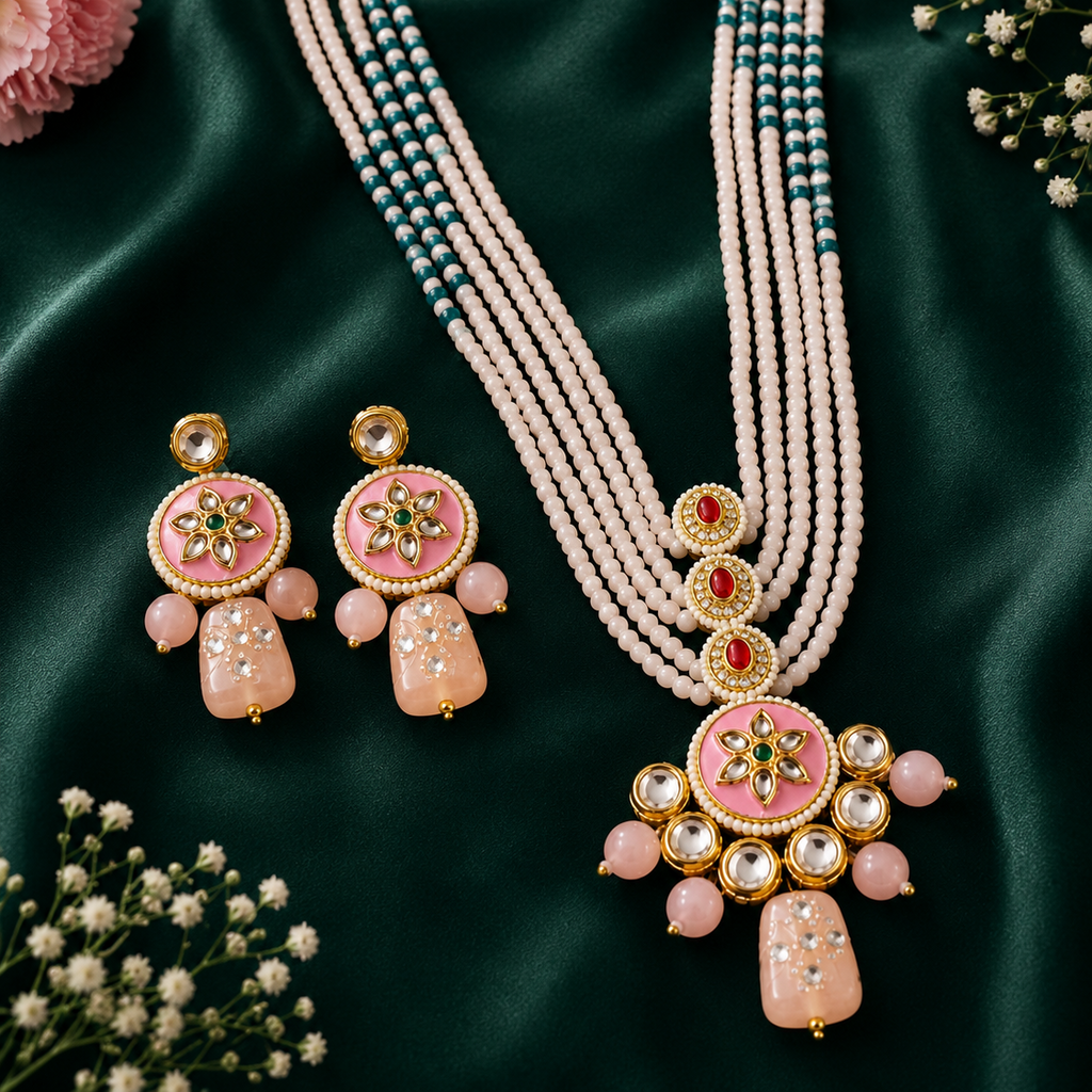 Peach Crystal Beads And Kundan Necklace