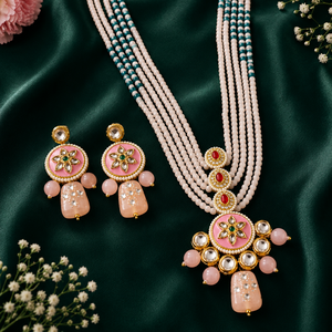 Peach Crystal Beads And Kundan Necklace