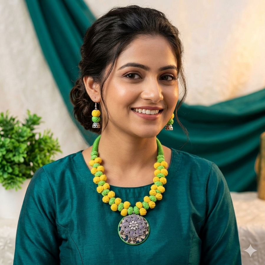 Green And Yellow Cotton Beads Jewellery