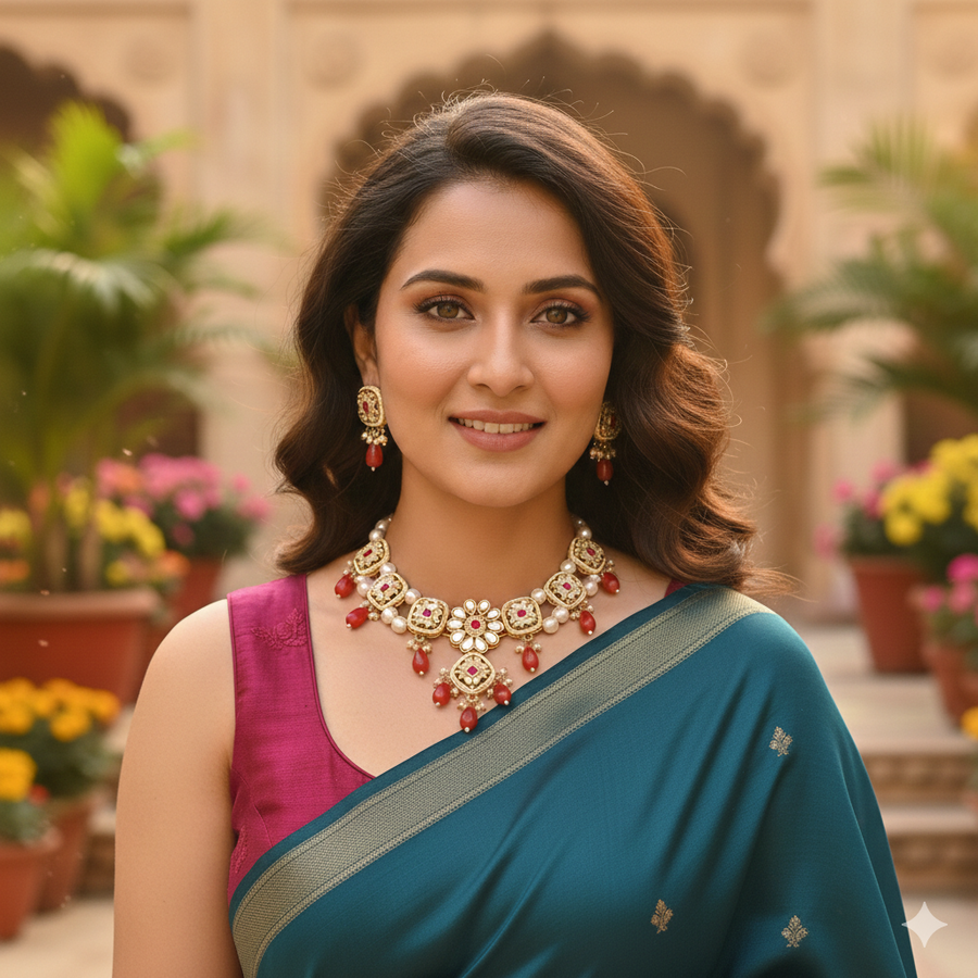 Red And White Kundan Beaded Necklace