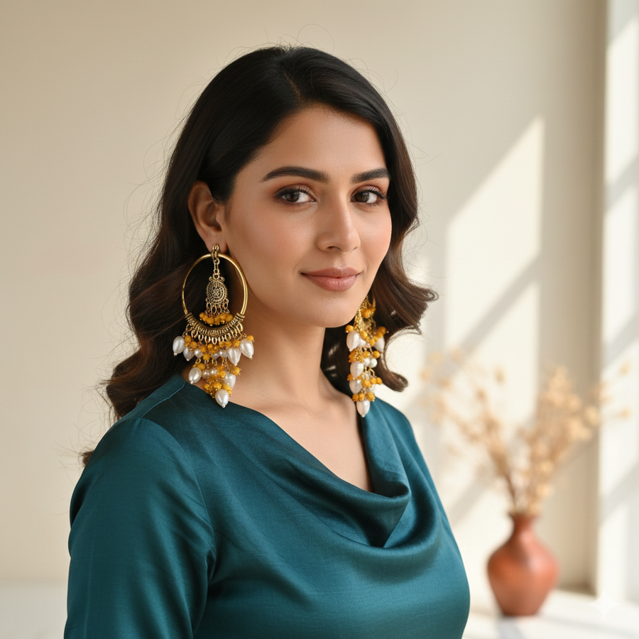 Yellow Bead & Pearl Hoops