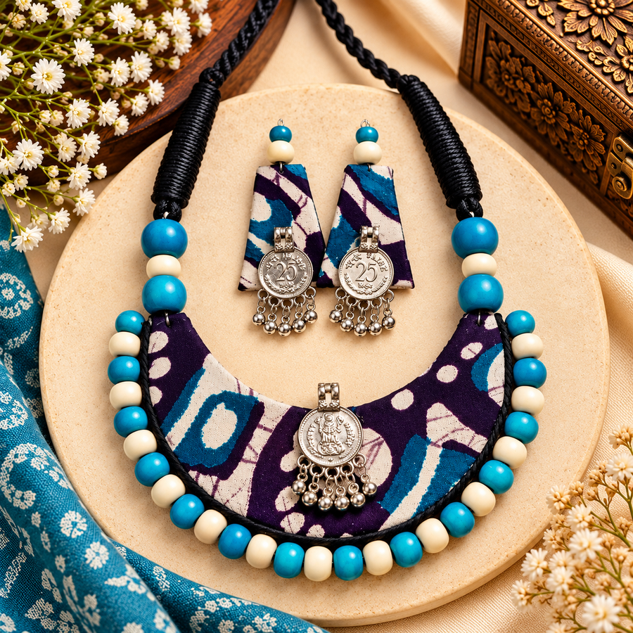Blue & Purple Fabric Necklace Set