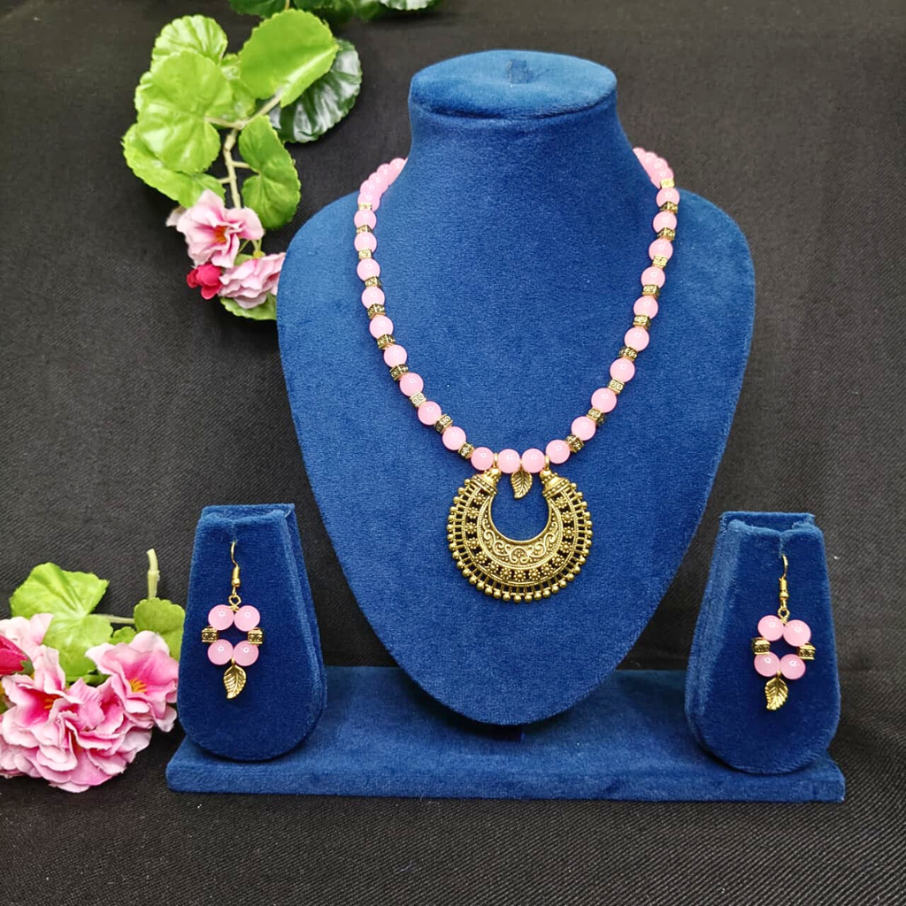 Pink Beads & Round Oxidised Pendant Set