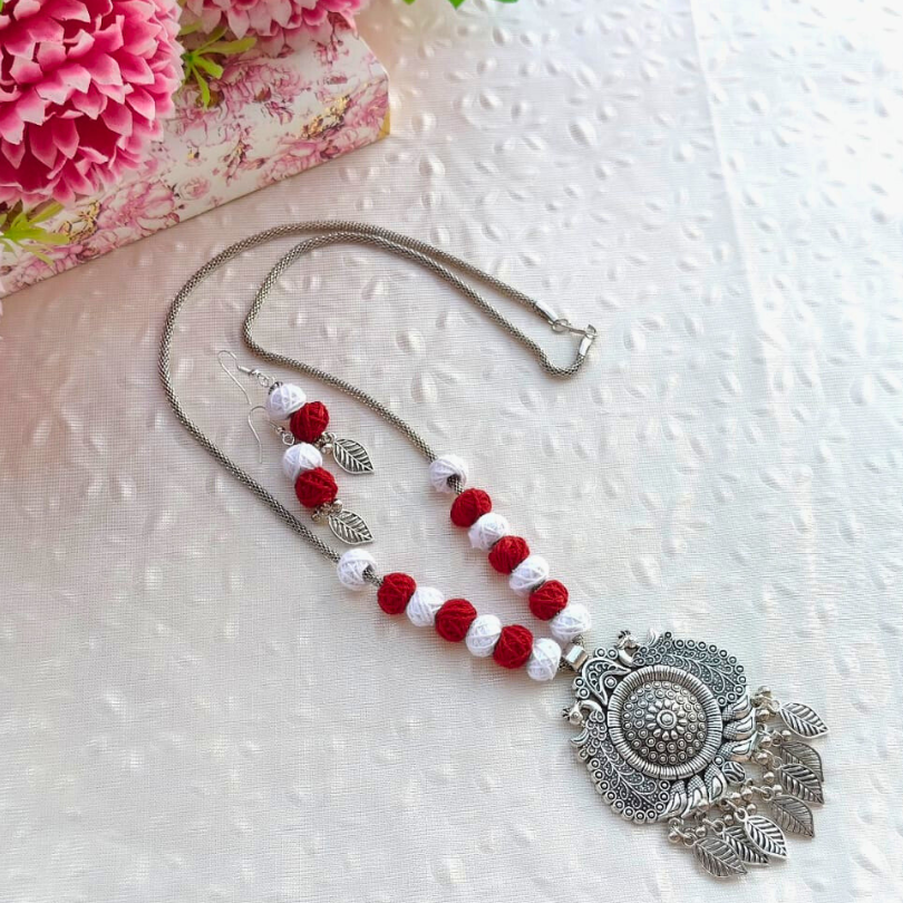 Red & White Cotton Beads Necklace