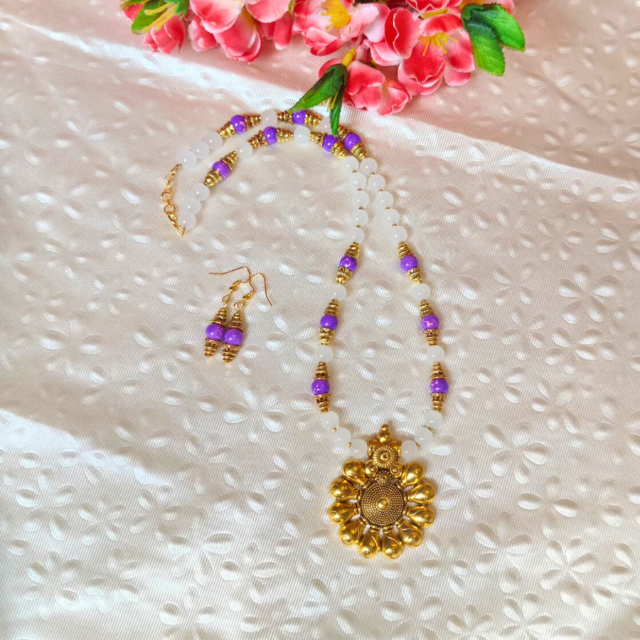 Purple & White Beads Necklace